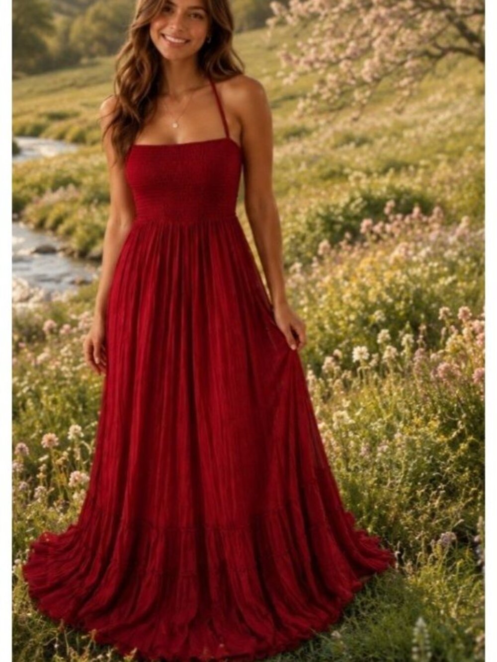 Red Halter Smocked Maxi Dress Sz L Open Back Tiered Romantic Festival Ruffles